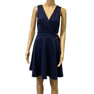 Blue S Navy Blue Belted Faux Wrap Sleeveless V Neck Stretch Dress Womens Medium